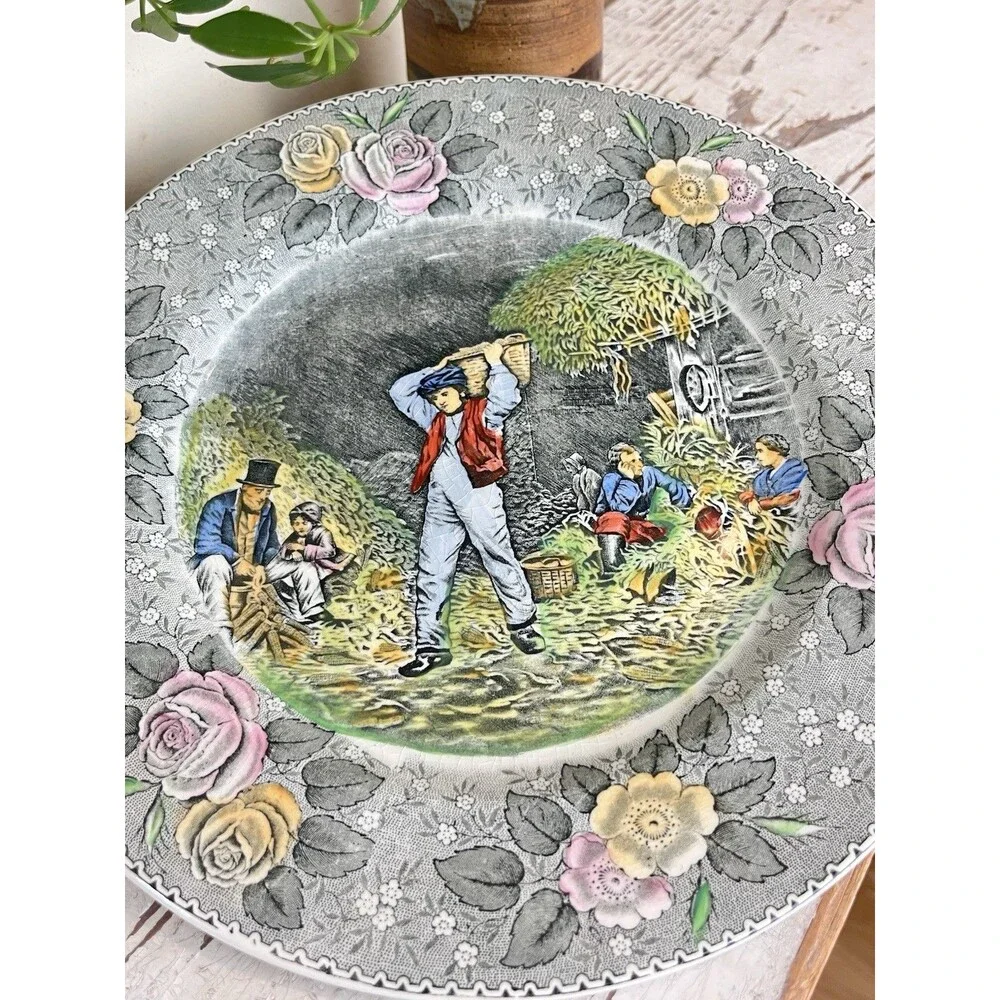 Vintage Adams England 10.5” Dinner Plate Autumn, Husking, Star Of The Road Decor